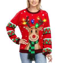 Christmas Deer Knitted Long Sleeve Crewneck Sweater for-Red L