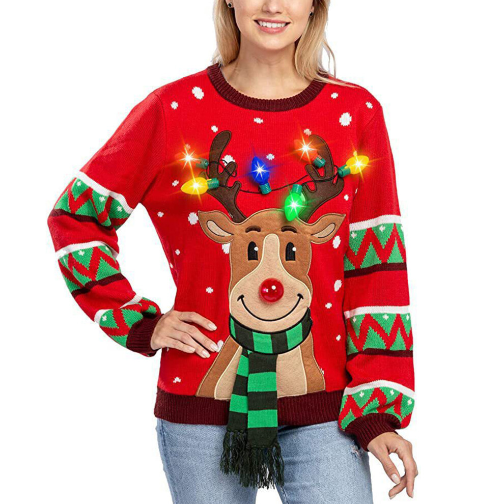 Red Christmas Deer Knitted Long Sleeve Crewneck Sweater For- L