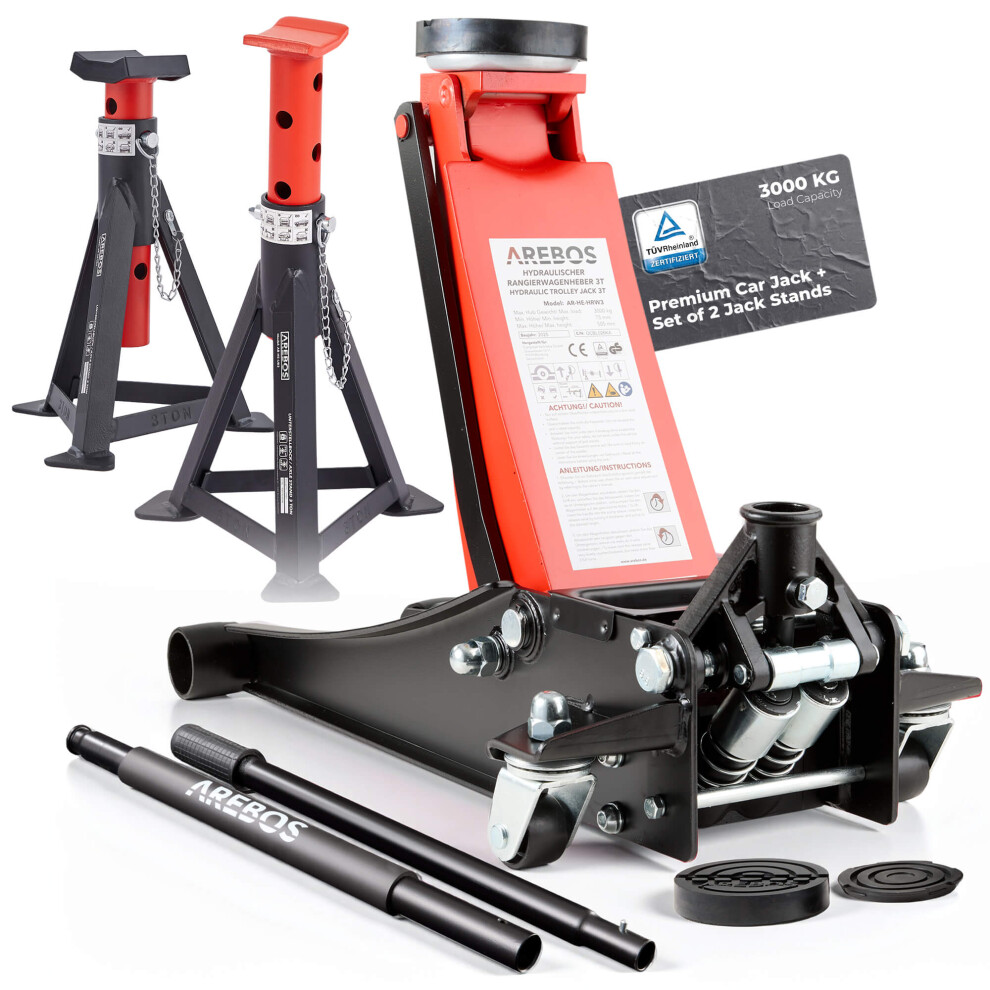 Arebos 3T Hydraulic Flat Jack | 2X Jack Stand | 3 Tonne Load Capacity | 2 Supports | Jack For Workshop And Hobby Use