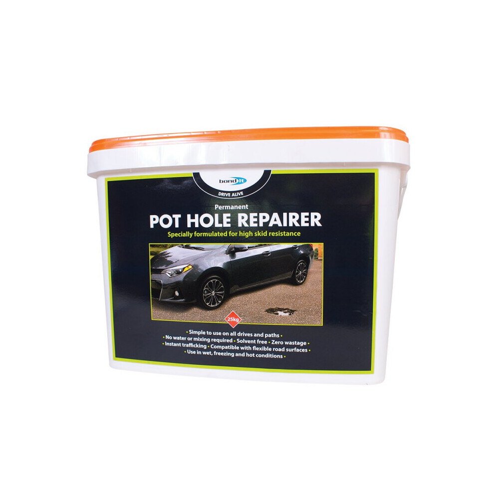 Bond It 25Kg Permanent Instant Pot Hole Repairer Cold Lay Asphalt Concrete Repair Compound Drive Alive Black 5056813317649