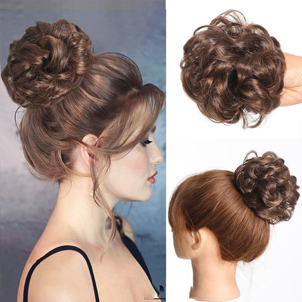 Unisex Dark/Brown Messy Bun Hair Piece With Claw Clip, Wavy Synthetic Hair Extension For Updos, Brown/Ash Blonde/Brunette (30T4)