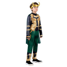 MARVEL Loki ungdomskostume - polstret jumpsuit med aftagelig kappe og plasthovedstykke Large