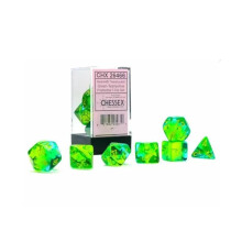 Chessex Manufacturing CHX26466 Cube Gemini Translucent Green & Teal Dice with Yellow Numbers, Set of 7