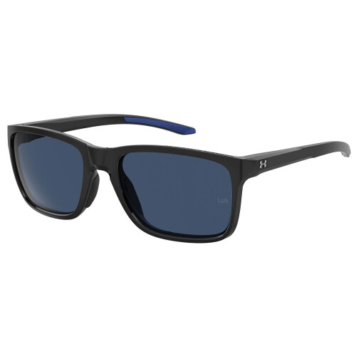 Under Armour UA Hustle Rectangular Sunglasses Shiny Black Frame w/ Blue Avio Lenses