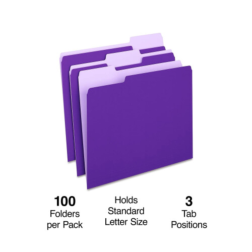 Staples Staples 1/3-Cut Tab, Assorted Position File Folders, Letter Size, 100 Folders, Purple 1