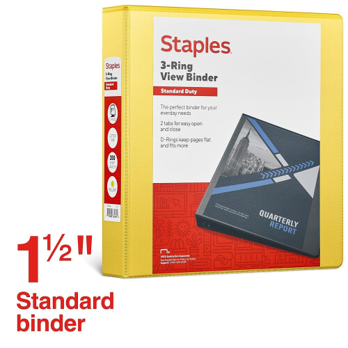 Staples Staples Standaard 1.5 3-Ring View Binder, Geel 1
