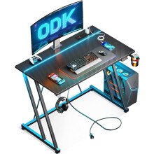 ODK Gaming Desk with LED Lights & Power Outlet, Gaming Table with Cup Holder and Headphone Hook, Double Z