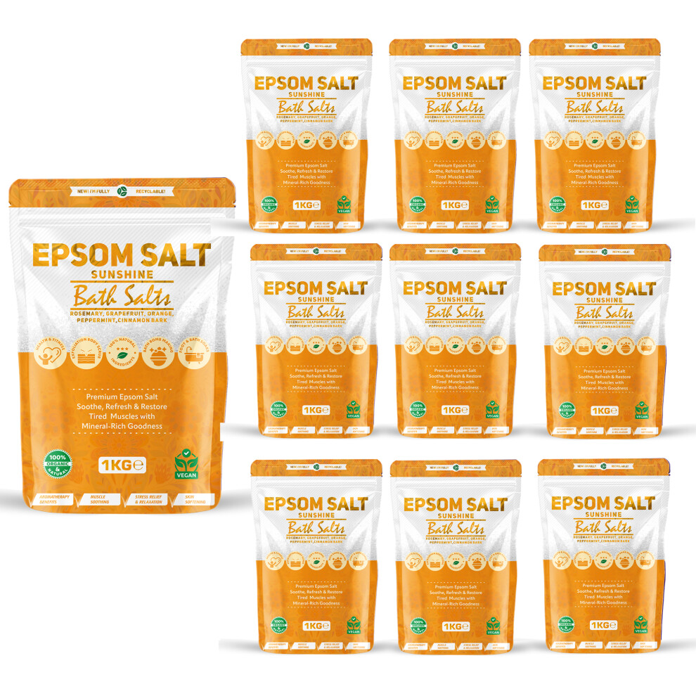 Pure Source Nutrition (Sunshine Pack Of 10) Epsom Bath Salts 1Kg Pure Natural Magnesium Sulphate