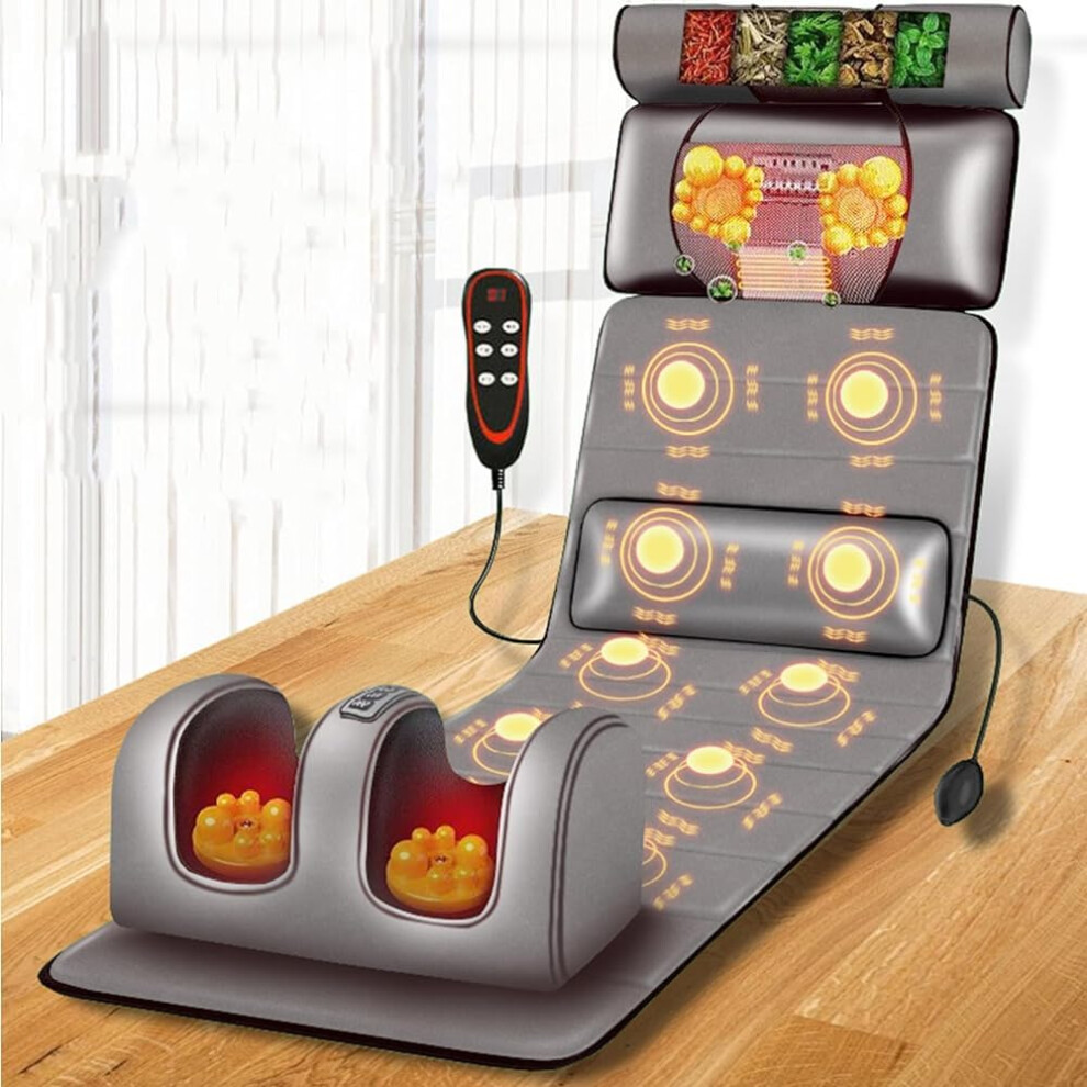 Grey Full Body Massage Mat With Heat And 10 Vibrating Nodes, Adjustable Neck And Back Pillows,
