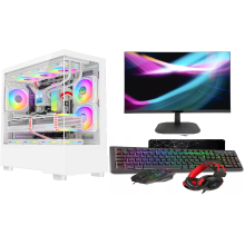 ASC Ryzen Gaming PC Bundle: AMD Ryzen 5 4500, GT1030 2GB, 16GB RAM, 256GB SSD+1TB HDD, WiFi, Win 11, White 9 Fan Glass RGB Case, 22" Monitor