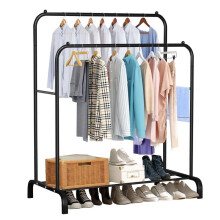 (Black) GoDyna Clothes Rail Heavy Duty Clothes Rack Metal Double Poles Clothing Garment Rack Hanger 144x110x55cm Freestanding Coat Rack with Bottom