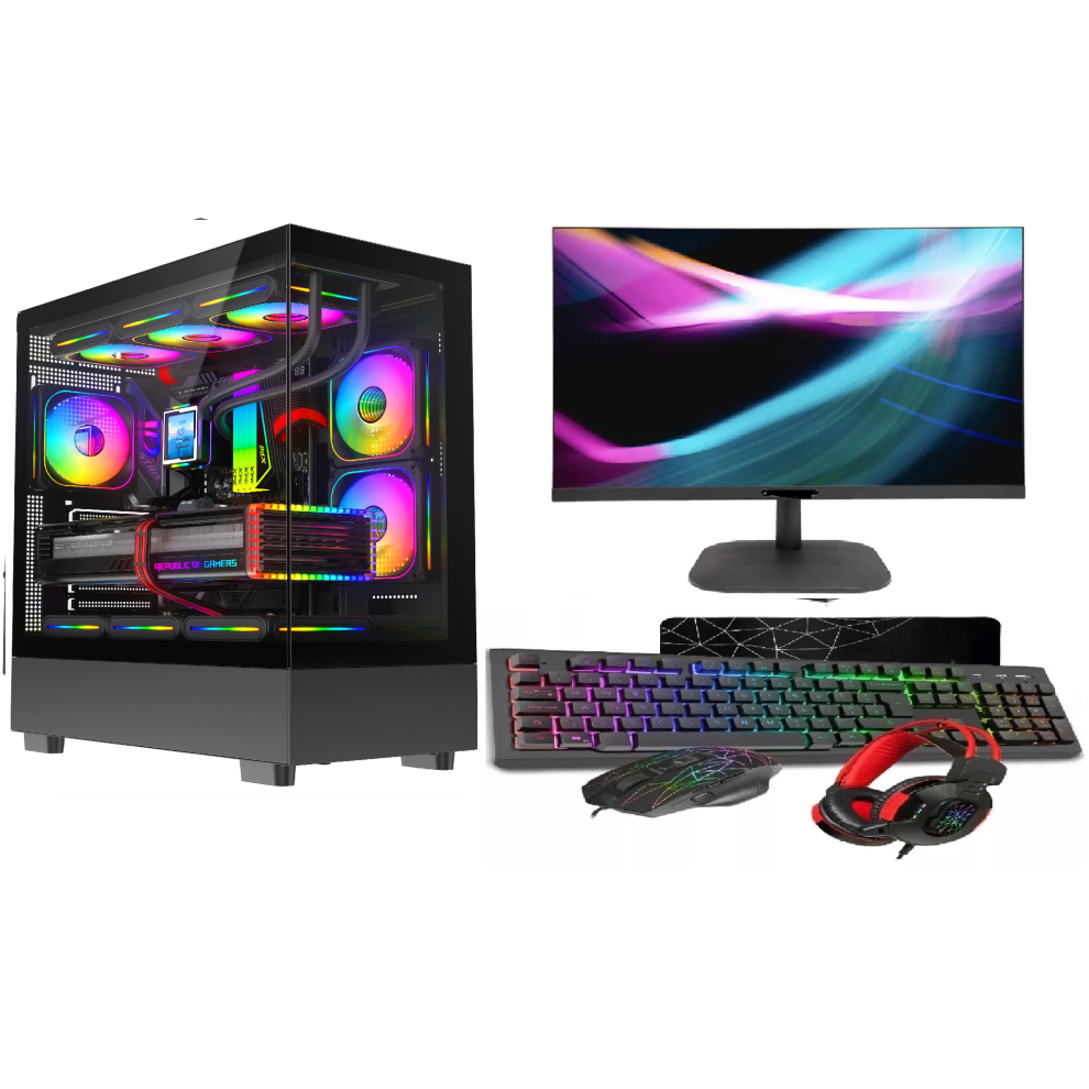 Asc Technology Asc Intel Core I7 Gaming Pc Bundle: Gt730 2Gb, 8Gb Ram, 256Gb Ssd + 500Gb Hdd, 9 Fan Glass Rgb Case, Wifi, Win 11, 22 Monitor Black