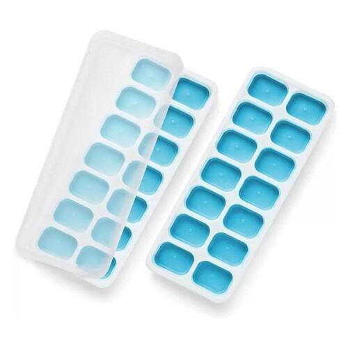 (Blue, 2 pack) 14 Grids Ice Cube Trays Stackable Non-Spill Lids BPA Free Easy to Remove Kitchen Silicone