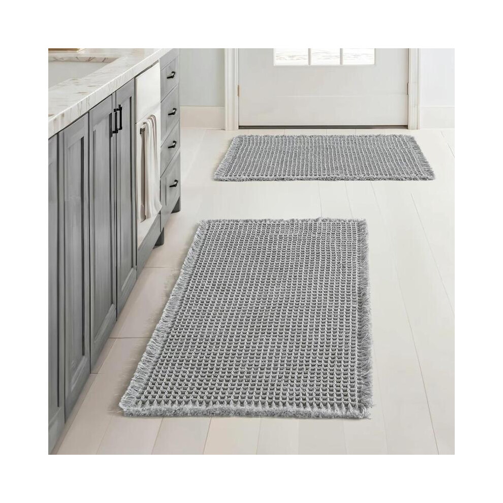 (Grey, 2 Counts/set) Grid Design Mat Set, 2 Counts/set Non-slip Rectangle Mat, Absorbent Rug for Home Hotel Bathroom Kitchen Decor-image-OPC-PMCQRMZ-NEW
