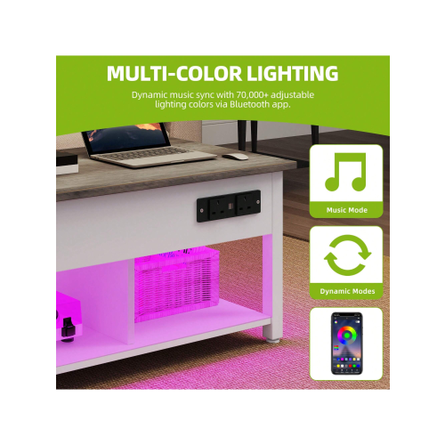 Lift Top Coffee Table Multi-Color LED Lighting With 2-Tier Storage 2