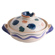 Earthenware Pot Round Porcelain Cooking Pot With Lid And Handle Ceramic Casserole White Blue 1.5L