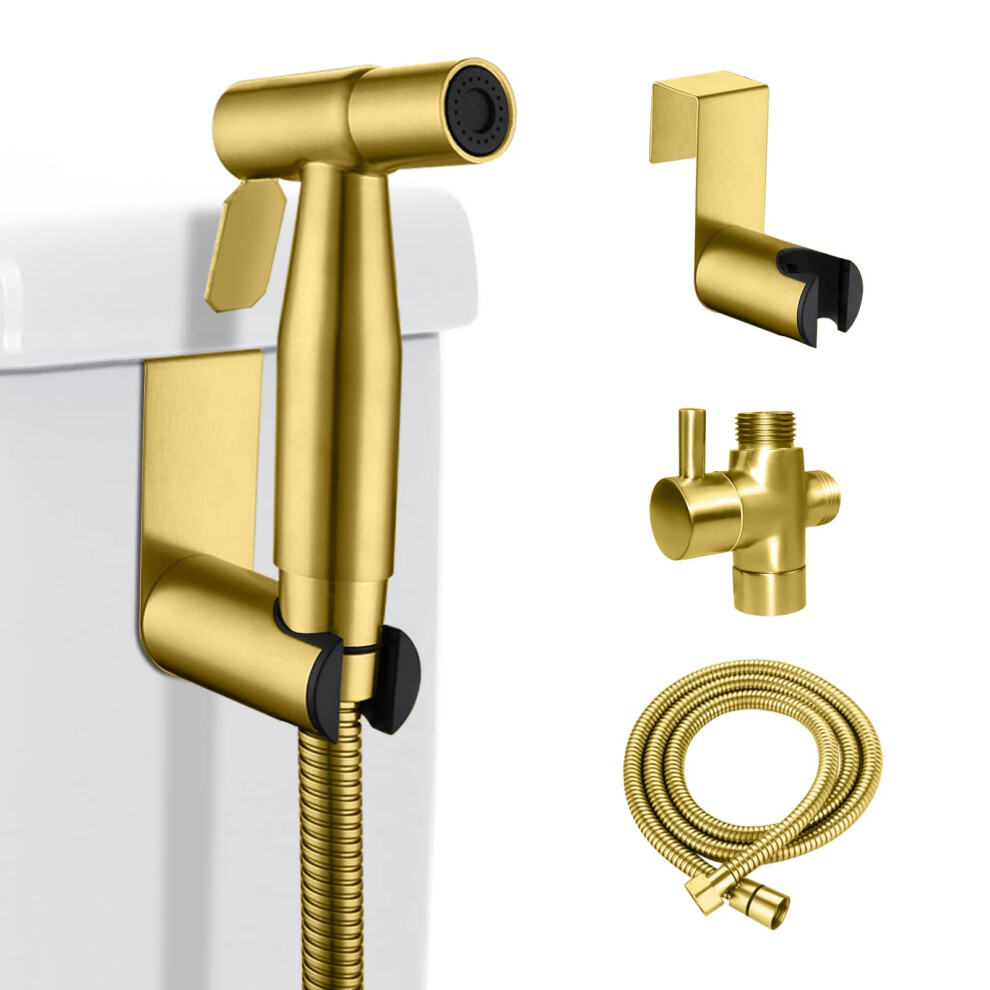 Bidet Sprayer Kit For Toilet, Stainless Steel Handheld Shattaf, Gold Finish With T-Adapter, Personal Hygiene 9393856544257