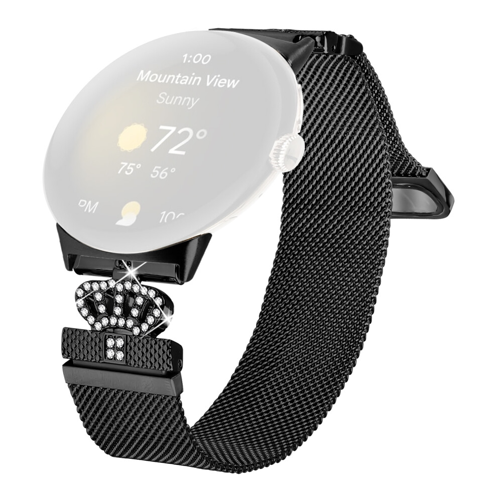 (Black) For Google Pixel Watch 3 41Mm / Pixel Watch 2 / Pixel Watch Milanese Band Magnetic Crown Clasp Stainless Steel Strap Black 6914283321407