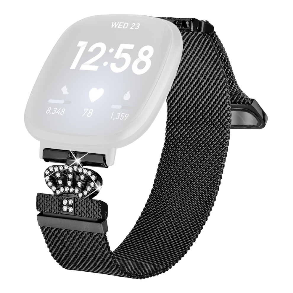(Black) For Fitbit Versa 3 / Fitbit Sense Milanese Band Magnetic Crown Clasp Stainless Steel Strap Black 6914285665080