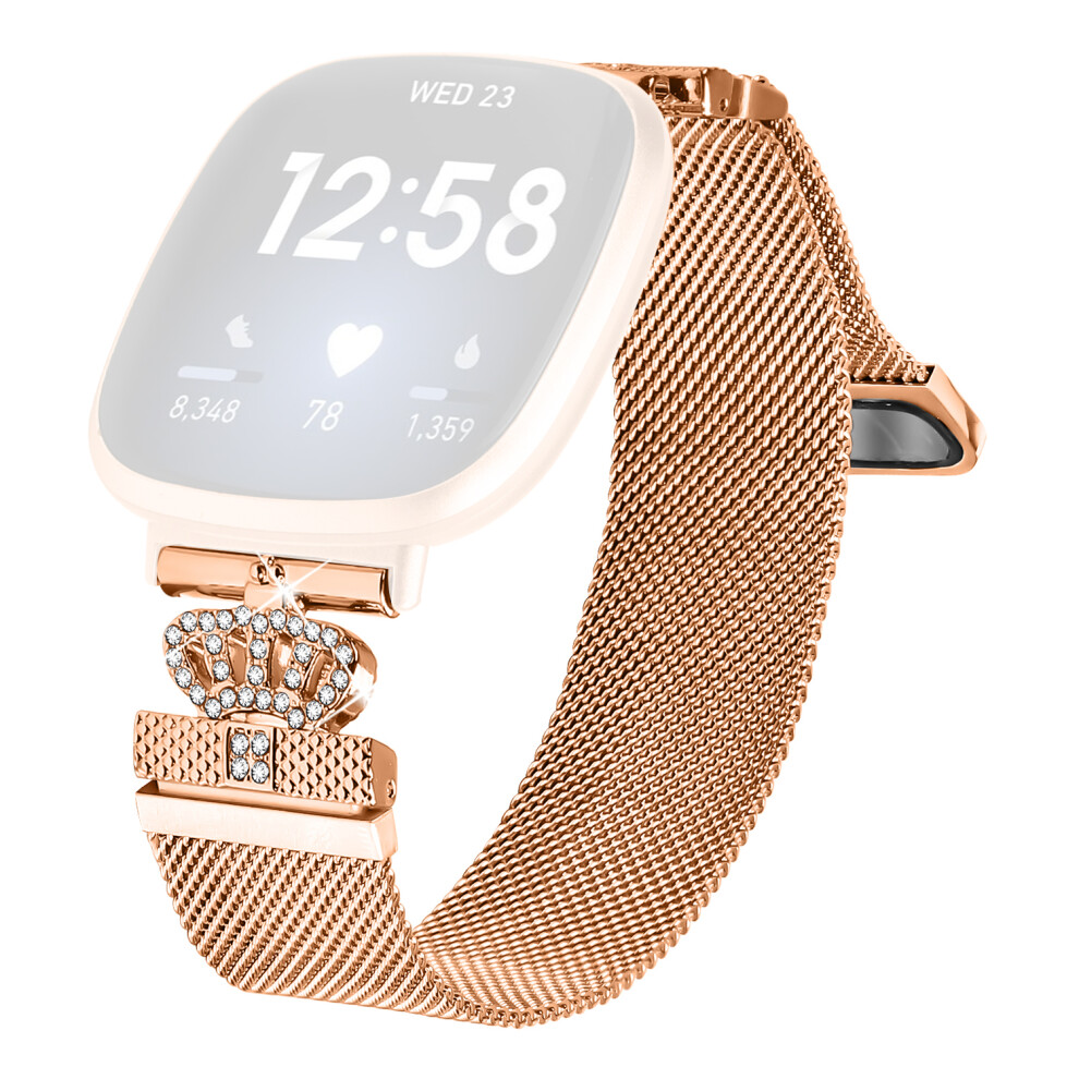 (Rose ) For Fitbit Versa 3 / Fitbit Sense Milanese Band Magnetic Crown Clasp Stainless Steel Strap Gold 6914289049169