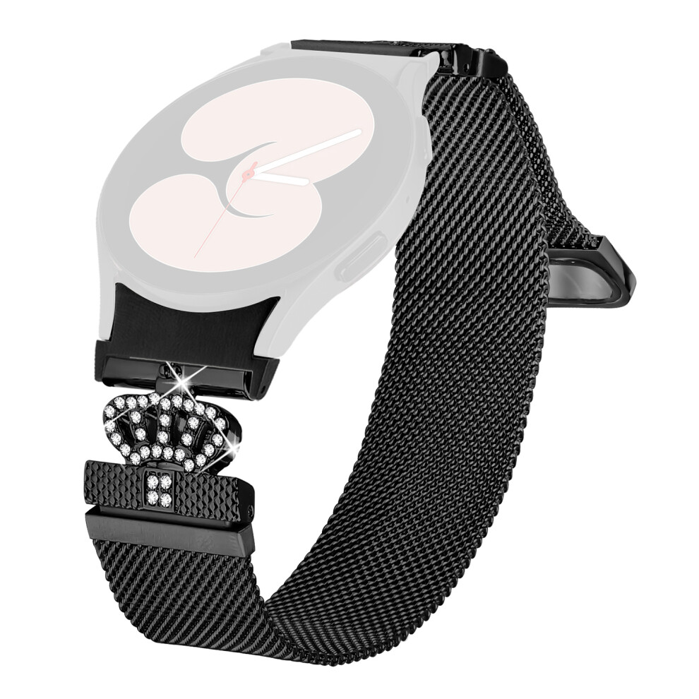 (Black) For Samsung Galaxy Watch7 Electroplating Milanese Band With Connector Crown Clasp Stainless Steel Strap Black 6914286158925