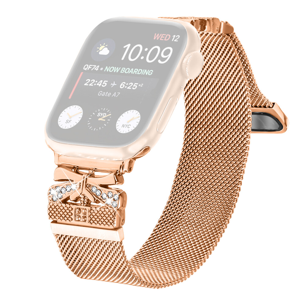 (Rose ) Metal Strap For Apple Watch Series 11 10 42Mm / 9 8 7 41Mm / Se3 Se2 Se 6 5 4 40Mm / 3 2 1 38Mm Milanese Watch Band Butterfly Dec Gold 6914285100482