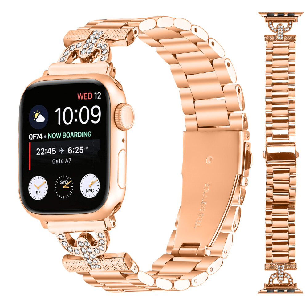 (Rose ) Colored Watch Strap For Apple Watch Series 11 10 42Mm / 9 8 7 41Mm / Se3 Se2 Se 6 5 4 40Mm / 3 2 1 38Mm Metal Band D-Shape Rhines Gold 6914280733630