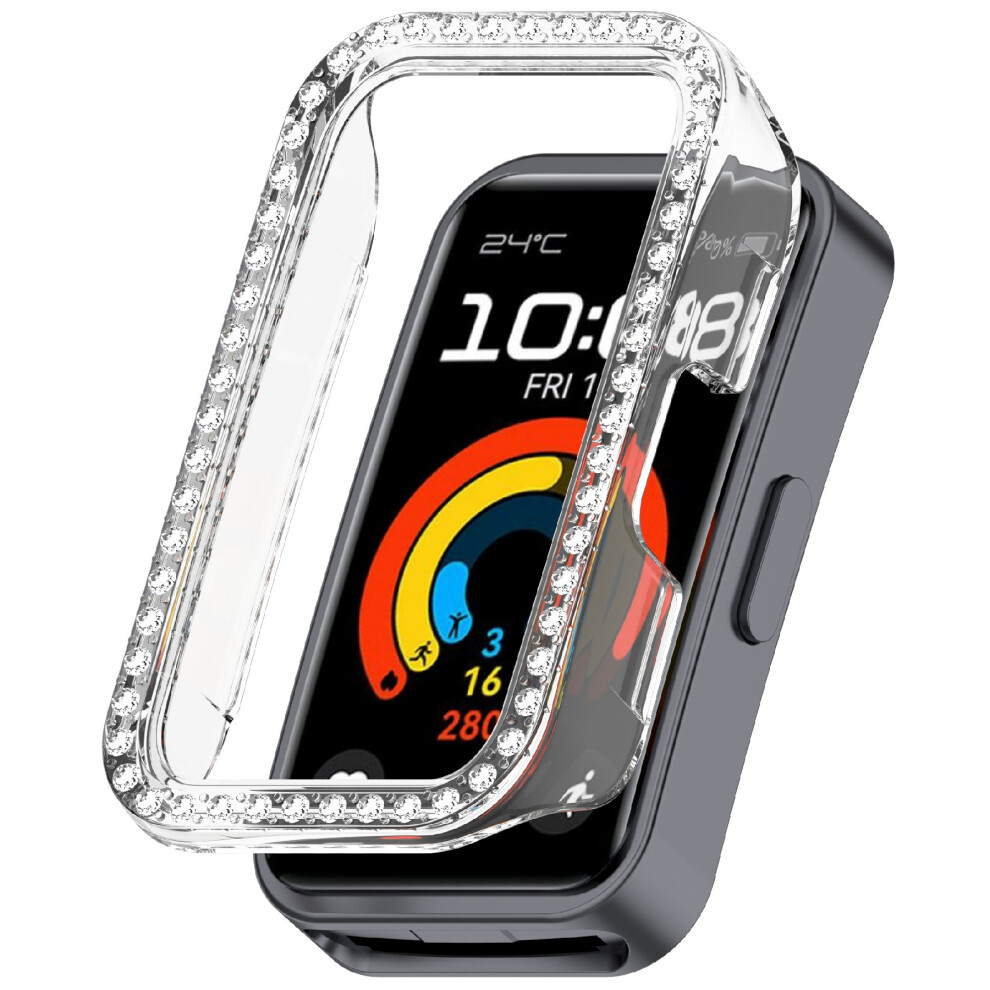 (Transparent) Protective Case For Huawei Band 10 / 10 Nfc / 9 / 9 Nfc / 8 / 8 Nfc Hollow Design Rhinestone Decor Pc Watch Cover 6914285342059