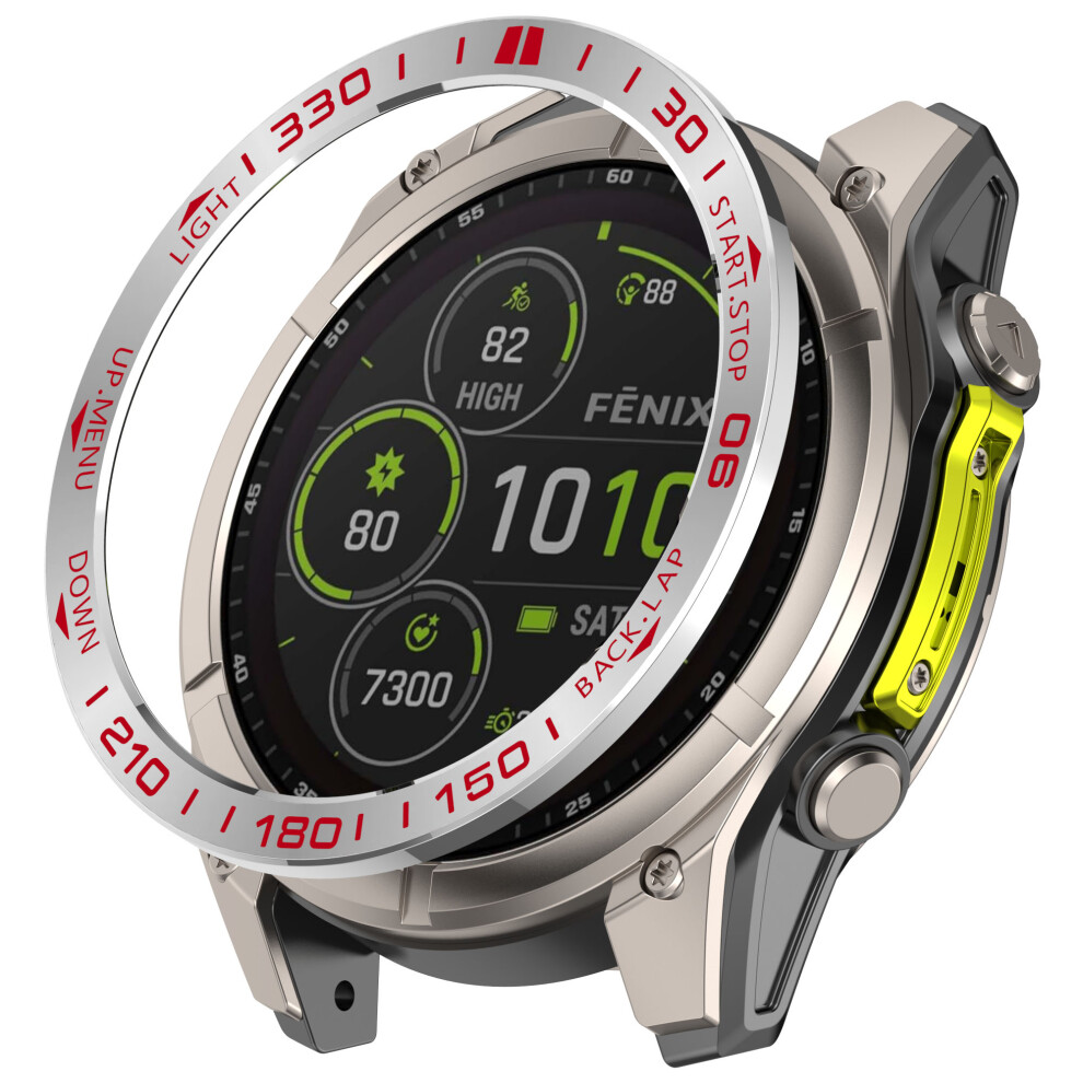 (+Red) For Garmin Fenix 8 Solar 47Mm Stainless Steel Bezel Scratch Resistant Protective Ring Silver/Red 6914281295878