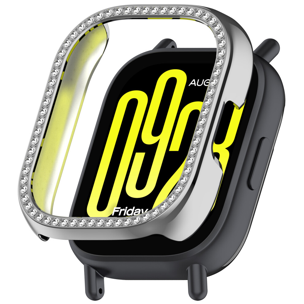 (Silver) For Xiaomi Redmi Watch 5 Lite Watch Case Rhinestone Decor Hollow Electroplating Pc Watch Cover Silver 6914288029667