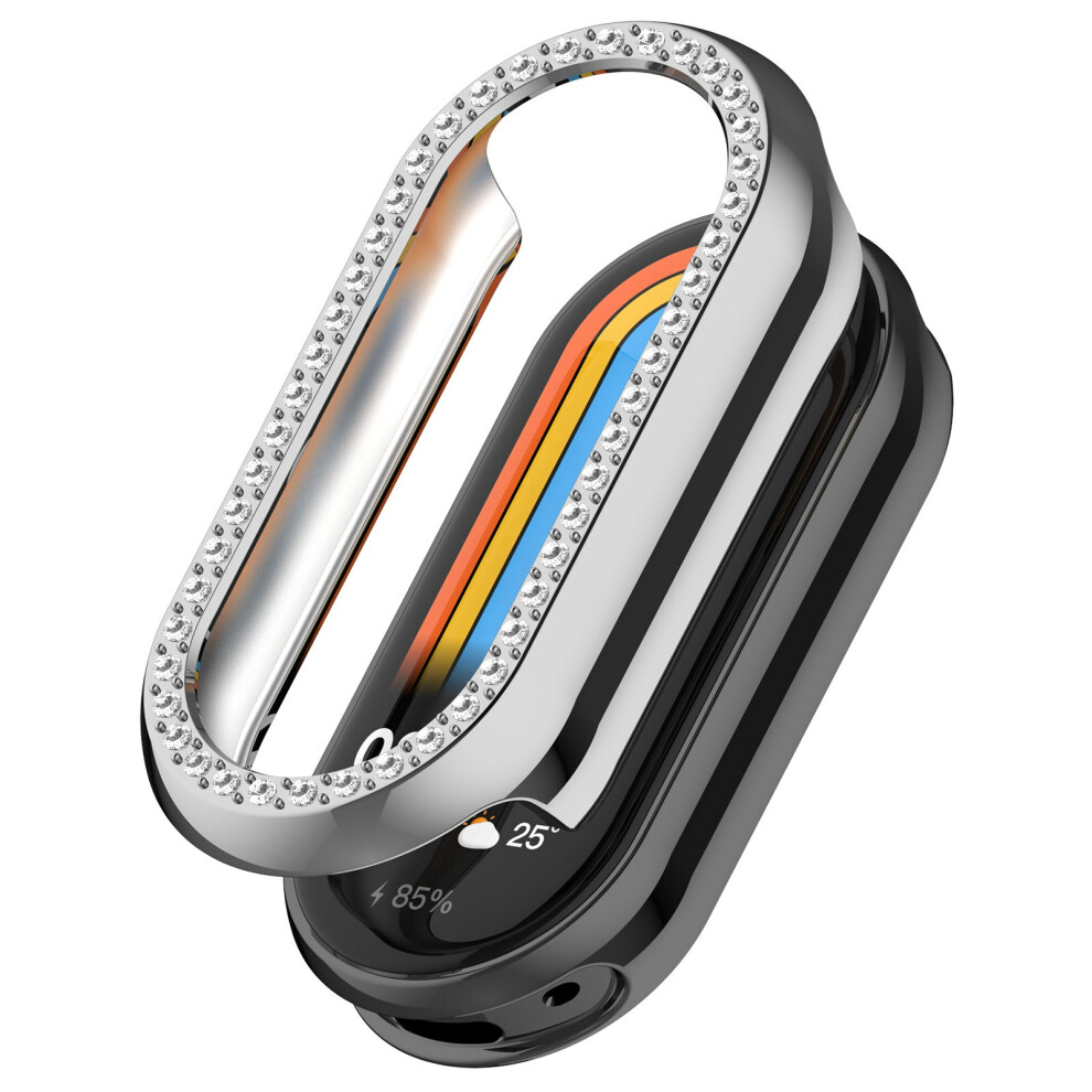 (Silver) For Xiaomi Smart Band 10 / 10 Nfc Watch Case Rhinestone Decor Hollow Electroplating Pc Watch Cover Silver 6914280331812