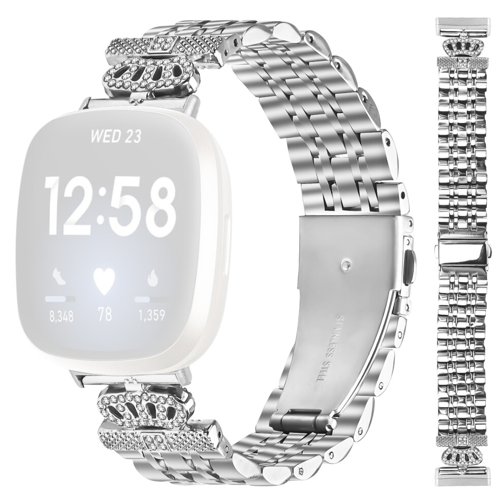 For Fitbit Versa 3 / Sense Watch Band 7-Bead Rhinestone Crown Stainless Steel Strap Silver 6914286458780
