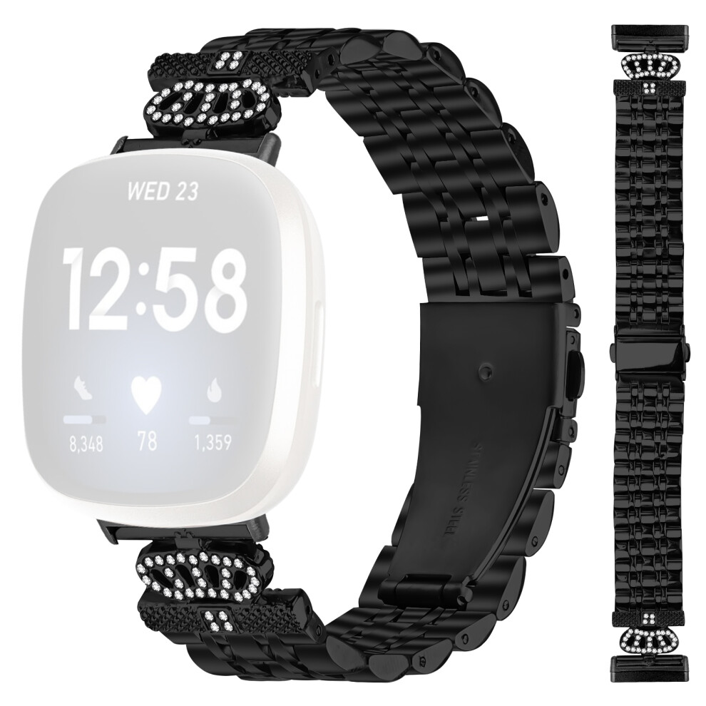 (Black) For Fitbit Versa 4 / Sense 2 Watch Band 7-Bead Rhinestone Crown Stainless Steel Strap Black 6914289824148