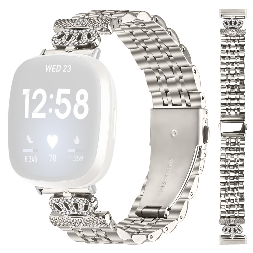 (Starlight) For Fitbit Versa 4 / Sense 2 Watch Band 7-Bead Rhinestone Crown Stainless Steel Strap 6914284284251