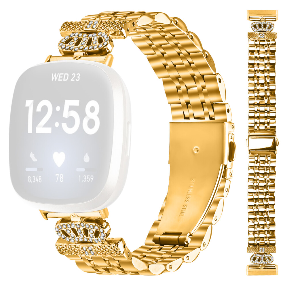 (Gold) For Fitbit Versa 3 / Sense Watch Band 7-Bead Rhinestone Crown Stainless Steel Strap Gold 6914282564829