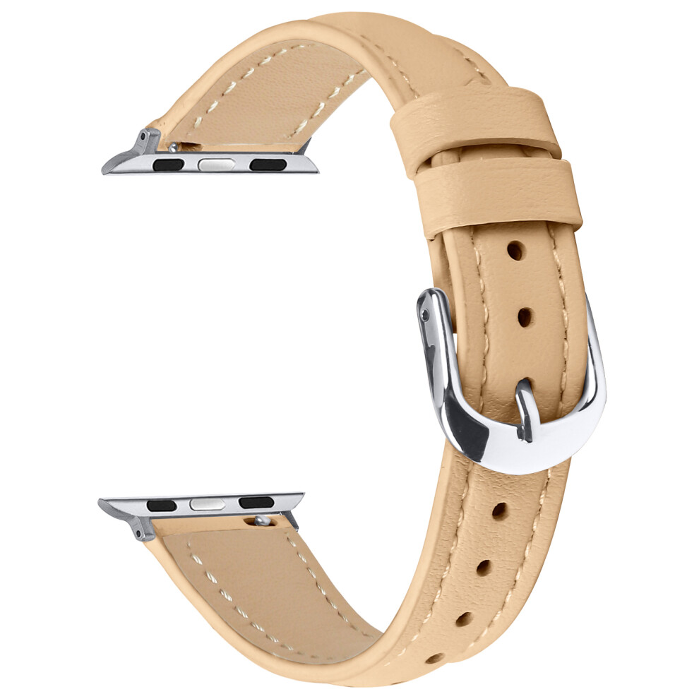 (Camel) Watch Band for Apple Watch Series 11 10 42mm / 9 8 7 41mm / SE3 SE2 SE 6 5 4 40mm / 3 2 1 38mm Silver Buckle Slim Leather Strap-image-OPC-PMCTYN6-NEW