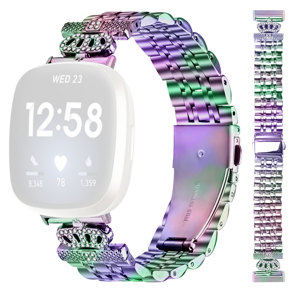 (Colorful) For Fitbit Versa 3 / Sense Watch Band 7-Bead Rhinestone Crown Stainless Steel Strap 6914281775998