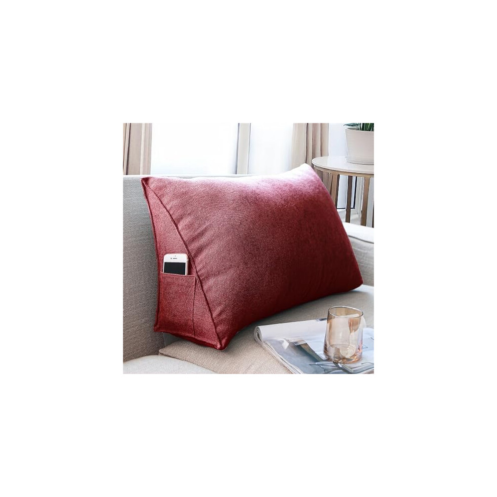 Burgundy Wedge Pillow Headboard 80X35x20cm Lumbar Support, Triangular Backrest Bolster For Bed And Sofa, Reading Pillow