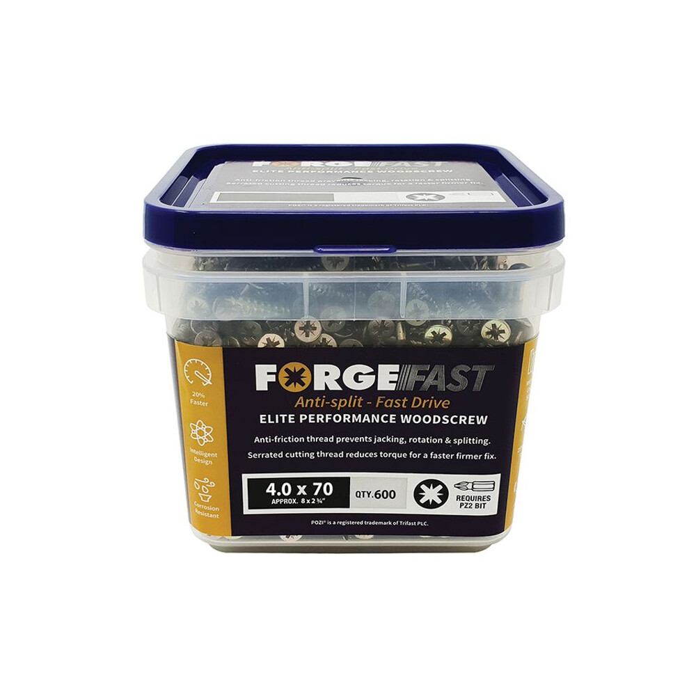 Forge FFP470YT ForgeFast Pozi Compatible Elite Performance Wood Screw ZY 4.0 x 70mm Tub of 600