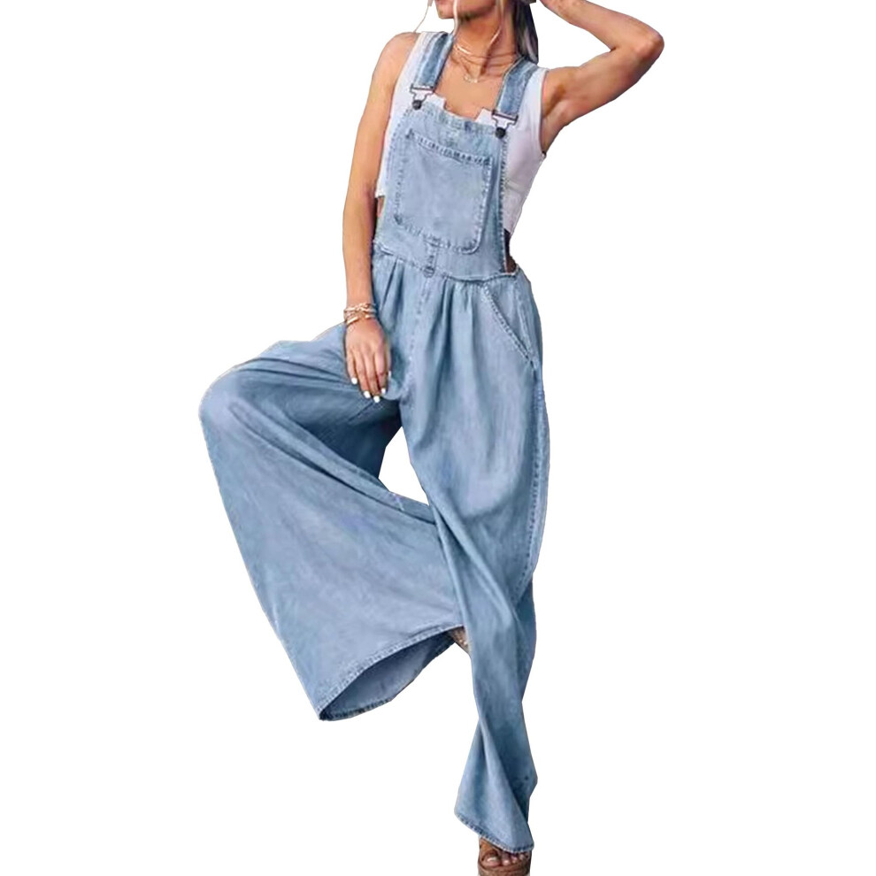 Wide Leg Denim Overalls For Women Loose Fit Adjustable Straps Light Blue XL-image-OPC-PMCW6Z2-NEW