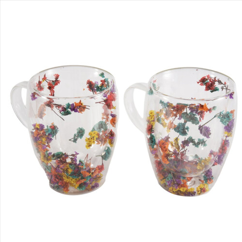2PCS Fillings Dry Flowers Double Wall Glass Cup With Handle