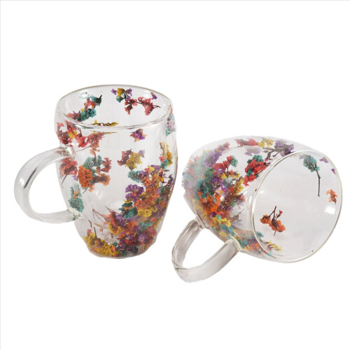 2PCS Fillings Dry Flowers Double Wall Glass Cup With Handle 1
