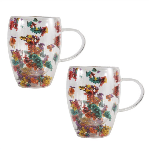 2PCS Fillings Dry Flowers Double Wall Glass Cup With Handle 2