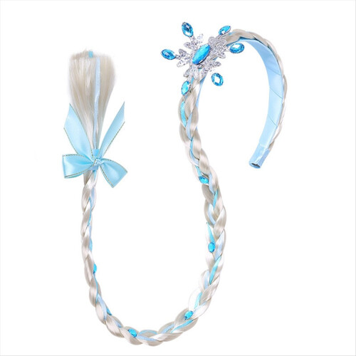 Uma peruca de princesa, peruca longa trançada com tiaras azuis