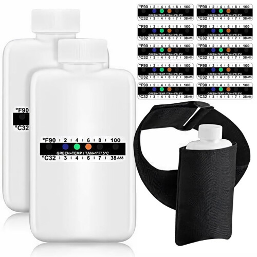 14 st urintestkit, tomma flaskor, temperaturtestremsor, påse