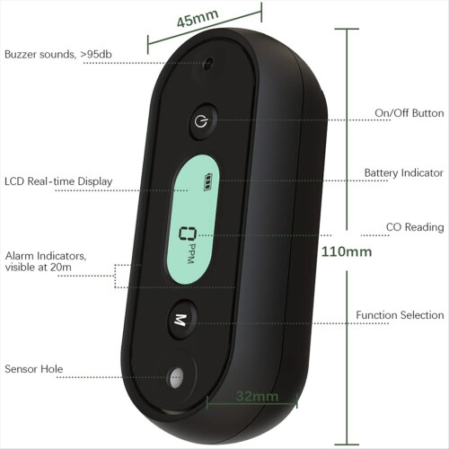 Reiskoolmonoxidedetector IP67 draagbaar 2