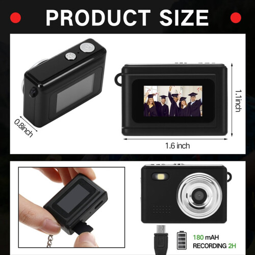 1080P Mini Digital Camera Keychain 0.96In for Students Black 2