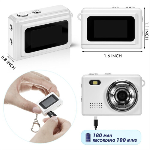 1080P Mini Digital Camera Keychain 0.96In for Students White 1