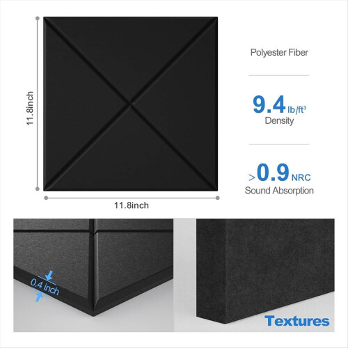 Pacote com 12 painéis acústicos, painéis de espuma à prova de som de 12x12x0,4 polegadas, pretos 1