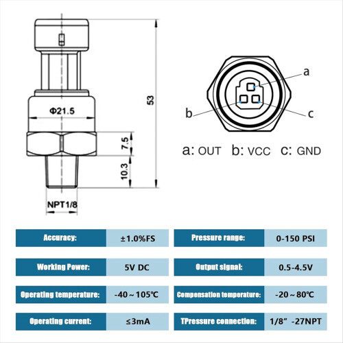 1/8" NPT-gevind tryktransmitter i rustfrit stål til olie 1